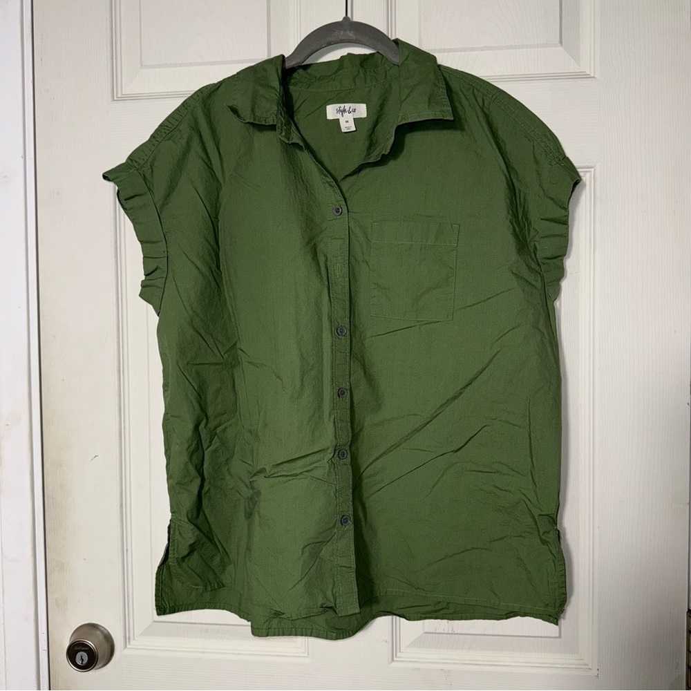 Style & Co Forest Green Casual Button Down Shirt Womens Sz 0X Cotton Pocket Top